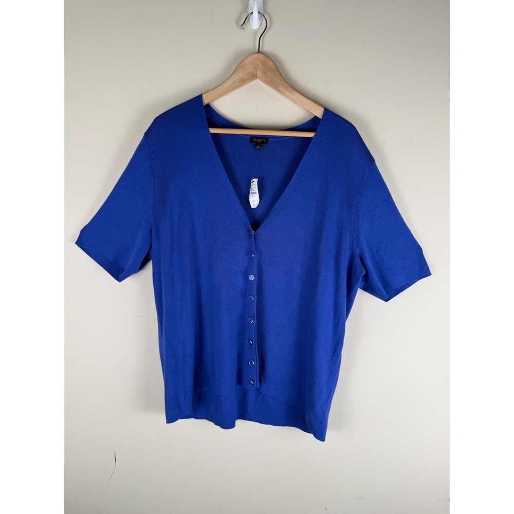 NWT Talbots Plus 2X Cobalt Blue V-Neck Button Up Cardigan S/S Rayon/Cotton